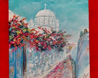 Santorini Church Original Oil Painting, 3D Impasto Greek Island Artwork, Mediterranean Coastal Wall Decor, Christian Orthodox Baptism Gift