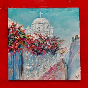 Peinture à l'huile originale de petite église blanche à vendre, cadeau de ciel bleu de bougainvilliers de rue méditerranéenne de Santorini Grèce 3D pour le croyant du Christ