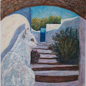 Peinture à l'huile originale de chat grec, arc de Santorin 3D signé art mural, cadeau lié à un chat blanc fait main de voyage en Grèce dans les îles grecques