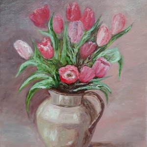 Tulpen original Ölgemälde, Stilleben kleiner rosa Strauß signiert handgemaltes Kunstwerk, Stillleben Einweihungsparty Geburtstagsgeschenk vom Freund