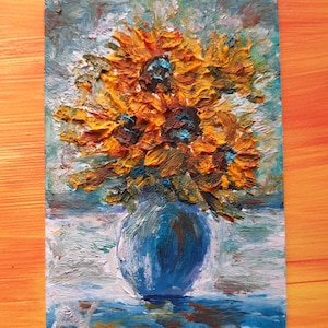 Girasoli ACEO dipinto a olio originale, natura morta fiori gialli opera d'arte firmata, impasto fatto a mano artista carta da collezione regalo economico