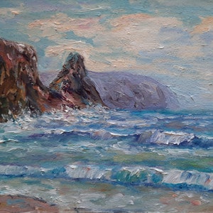 Pintura al óleo original de mar azul a la venta, obra de arte marítima de mini olas de playa rocosa, regalo de naturaleza de montaña, decoración del hogar del océano, paisaje marino en miniatura