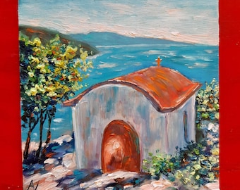 Greek Chapel Original Oil Painting, Handmade Crete Landscape, Signed Artwork Present for Orthodox Christian, Christening Gift from Godmother