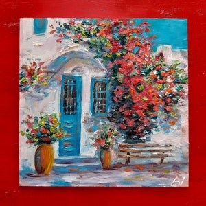 Peinture à l'huile originale d'ambiance grecque, peinture de la Grèce, banc de bougainvilliers de cour méditerranéenne 3D porte bleue bâtiment blanc cadeau d'ambiance d'été