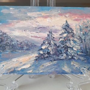 Peinture à l'huile originale ACEO au pays des merveilles de l'hiver, oeuvre d'art signée au coucher du soleil de paysage enneigé, carte à collectionner 3D d'artiste fait main cadeau de nouvel an pas cher
