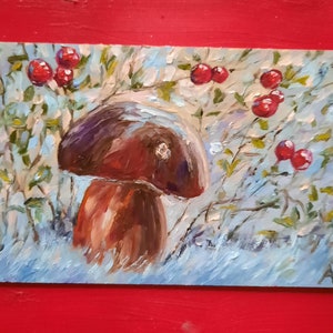 Peinture à l'huile originale de champignon, oeuvre d'art de forêt givrée de neige de foxberry de paysage d'hiver, cadeau miniature fait main de couleurs vives 3D d'amis