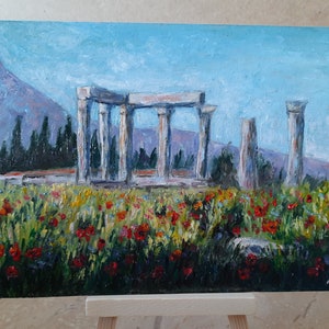Pintura al óleo original de la antigua Corinto a la venta, obra de arte hecha a mano con amapolas rojas de vacaciones en Grecia, decoración del hogar con paisaje del antiguo Templo de Apolo en 3D
