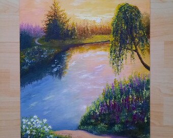 Sonnenaufgang am Fluss Ölgemälde, Sommerlandschaft Originalkunstwerk, friedliche Natur handgemachte Wandkunst, Sonnenbäume Wohndekoration, Geburtstagsgeschenk