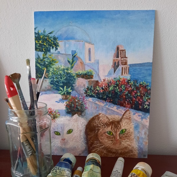 Santorini Greece, two cats oil painting, traditional Greek handmade artwork, Greece landscape home decor, focus on the good wall art