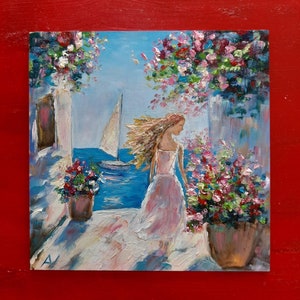 Peinture à l'huile originale de Grèce à vendre, cadeau fait main de voilier de femme blonde, ambiance d'été heureuse, cadeau de fleurs de mer d'impressionnisme 3D pour elle
