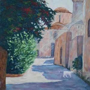 Peinture à l'huile originale de la vieille ville de Rhodes, oeuvre d'art réalisme de paysage urbain de la Grèce, cadeau de chat de nature d'architecture antique d'île grecque d'un ami
