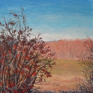 Pintura al óleo original de paisaje otoñal, arbusto de bayas rojas, río en un bosque tranquilo, obra de arte firmada, campo iluminado por el sol con arroyo azul, regalo artístico de un amigo