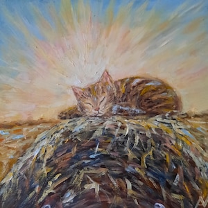 Peinture à l'huile originale de pile de foin, paysage rural mignon de lever de soleil de chat de sommeil, cadeau d'été de village pittoresque de couleurs chaudes d'empâtement 3D d'un ami