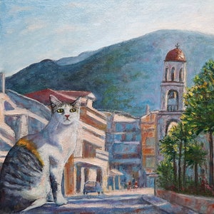 Peinture à l'huile originale de chat grec, art de la Grèce et de chats, oeuvre d'art faite main de rue ensoleillée méditerranéenne, décor de paysage d'église chrétienne orthodoxe