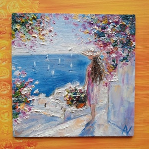 Peinture à l'huile originale de la Grèce, art mural de bougainvilliers roses de la mer bleue, oeuvre d'art de rue ensoleillée de la Méditerranée, cadeau paysage 3D de Santorin pour elle