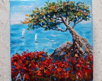 Peinture à l'huile originale de champ de pavot, mini art mural 3D de toile de paysage marin, oeuvre d'art faite main de paysage de 4 x 4 pouces, cadeau de voilier de nature de pin