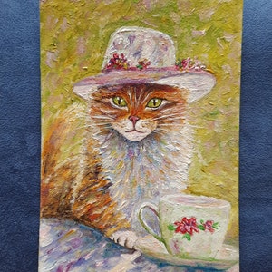 Pintura al óleo original de gato con sombrero, miniatura 3D de gato atrevido, arte de pared hecho a mano de gato glamoroso, regalo de cumpleaños de gatito de té, retrato de mascota empastado