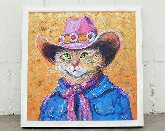 Dipinto ad olio originale gatto cowboy, piccola arte da parete carina cowgirl, decorazioni per la casa in foglia d'oro, regalo colorato per un amico, divertenti opere d'arte strutturate fatte a mano