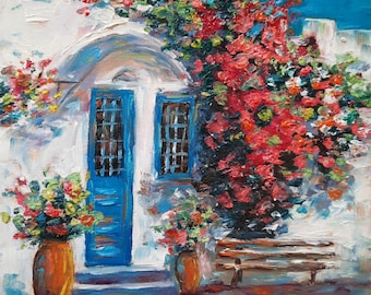 Greek Courtyard Original Oil Painting, Bougainvillea, Street in Greece Impasto Wall Art, Bright Impressionist Artwork, Dopamine Decor Gift