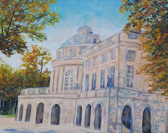 Monrepos Palace Original Oil Painting, Handmade in Germany, Impressionist Landscape Wall Art, Luxury European Architecture Canvas Artwork