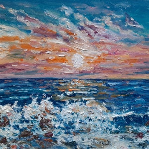 Pintura al óleo original de sol dorado, miniatura de colores impresionantes, pintura de paisaje marino de olas de mar azul, regalo de paisaje marino rosa naranja 3D de amigos
