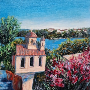 Peinture à l'huile originale des îles grecques, art mural de la mer Méditerranée, décor de ville balnéaire de chapelle en bord de route de fleurs roses, cadeau miniature texturé 3D