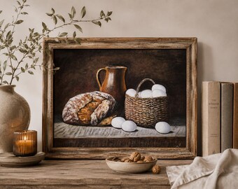 Sourdough Bread Original Oil Painting, Eggs and Milk Art, Dutch Masters Style Still Life Grandma Kitchen Decor Housewarming Gift for Her Him