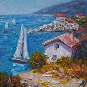 Peinture à l'huile originale de paysage marin méditerranéen, art original de nature de mer de petite maison de voilier à vendre, petit cadeau mignon d'empâtements d'amis