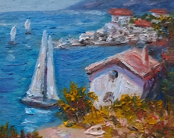 Mediterranean Seascape Original Oil Painting, Sailboat and Village, Impasto Art, Coastal Grandmother Wall Decor, Traveler Gift for Daughter