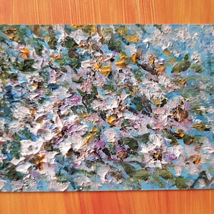 桜のACEOオリジナル油絵、白とピンクの花の抽象的なアートワーク、3D手作りアーティストトレーディングカード安価なコレクターギフト
