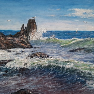 Peinture à l'huile originale de mer orageuse, falaises de rivage de mouettes blanches peignant le cadeau de vacances de vague de ciel de paysage de marée de nature 3D de plage rocheuse de paysage marin