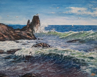 Green sea tide original oil painting, white seagulls cliffs wall art, rocky shore beach home decor, nature landscape waves housewarming gift