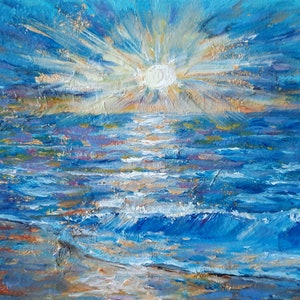 Pintura al óleo original de amanecer, sol dorado en el mar, obra de arte firmada, regalo en miniatura de paisaje marino azul, arte texturizado con pan de oro, paisaje 3D a la venta