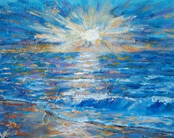 Sunrise Original Oil Painting, Gold Leaf Seascape, Textured Handmade Miniature Art, Coastal Ocean Wall Decor, Graduation Gift for Daughter
