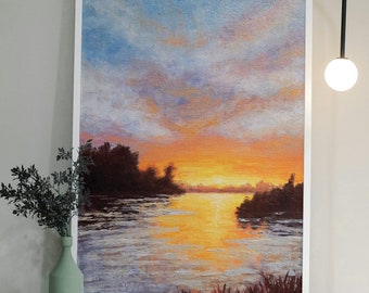 Pintura al óleo original de puesta de sol brillante, arte de la pared del río de verano, arte hecho a mano del paisaje del lago natural, regalo de decoración del hogar del paisaje de 8x12 pulgadas