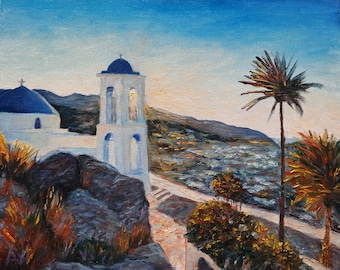 Greek Island Church Oil Painting, Handmade Orthodox Art, 9x12