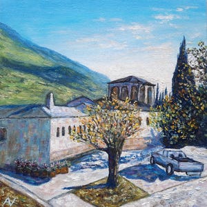 Peinture à l'huile originale de monastère grec, oeuvre de plein air d'architecture de Saint Jean le précurseur Serres Grèce, cadeau de lieux saints orthodoxes 3D