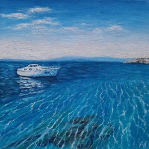 Peinture à l'huile originale de mer bleue transparente, paysage marin des îles grecques heureux fait main 3D marin marin insouciant peinture réaliste paysage marin