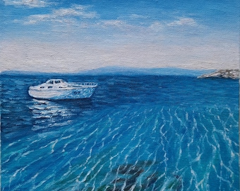 Transparent blue sea original oil painting, Greek islands seascape happy handmade 3D maritime nautical carefree realistic painting sea scape