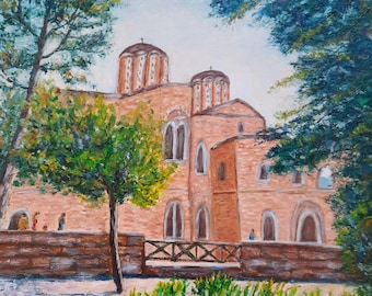 Monastery of St. John the Theologian Original Oil Painting, Orthodox Greek Landscape, Souroti Nunnery Artwork, Handmade Plein Air Painting