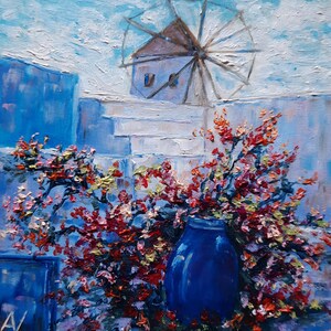 Peinture à l'huile originale de Santorin à vendre, moulin à vent d'Oia en Grèce, paysage d'île grecque fait main, fleurs blanches, escalier bleu, oeuvre d'art 3D