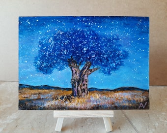 Olive tree original oil painting, Greece at night miniature, shimmering stars handmade artwork, summer nature 3D gift, good vibes home decor