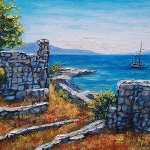 Peinture à l'huile originale de Kos en Grèce, oeuvre d'art signée de l'île des ruines grecques de la mer Égée, cadeau aigue-marine 3D de voilier de paysage méditerranéen