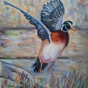 Wild Duck Original Oil Painting: Miniature Flying Bird Art, Signed Artwork