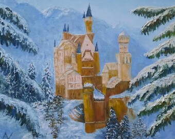 Neuschwanstein Castle Winter Original Oil Painting, Bavarian Landscape Art, Fairytale Snow Scene, European Architecture Artwork Gift for Him