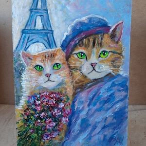 Peinture à l'huile originale de chats de Paris à vendre, cadeau de voyage miniature d'animal de la tour Eiffel en France pour un couple, cadeau de portrait d'animal de compagnie 3D de chats amusants