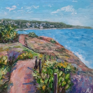 Pintura al óleo original de Torrey Pines, miniatura de la reserva natural de San Diego, obra de arte de California, EE. UU., decoración del hogar en 3D con cactus oceánicos, regalo de un lugar famoso