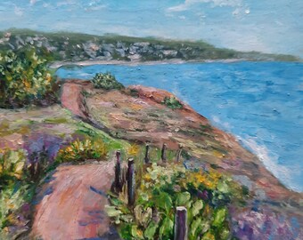 Torrey Pines original oil painting, San Diego natural reserve miniature, USA California artwork, ocean cacti 3D home decor, famous site gift