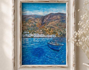 Lemnos Greece Seascape Original Oil Painting, Signed Handmade Greek Boat Artwork, Traveler Keepsake Present, Birthday Gift for Her or Him