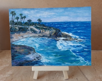 La Jolla Cove Original Oil Painting, Pacific Ocean Miniature, Impasto Artwork on Cardboard, 5x7'', Handmade Surf Coast Art Gift for Sister
